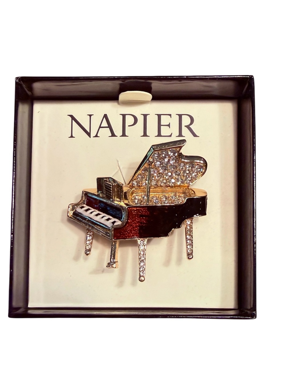 NWT Napier SIGNED Grand Piano Enamel & Clear Rhinestone Brooch Pin in Box